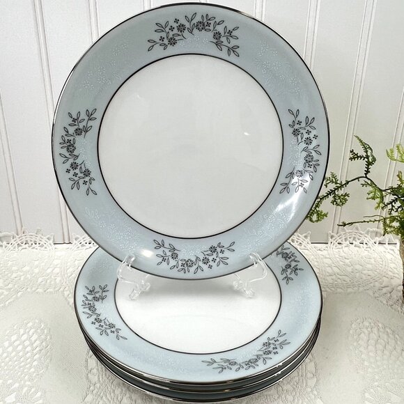 Noritake Blueridge Set of 4 Lunch Salad China Plates #5858 White Platinum Edge 8 - Picture 1 of 10